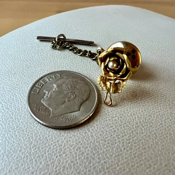 VINTAGE SOLID 14K YELLOW GOLD ROSE FLOWER PEARL TIE LAPEL PIN RARE UNUSUAL